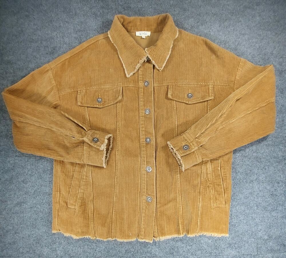 La Miel Corduroy Button Up Shirt Jacket Boho Distressed Frayed Hem Women's Sz S